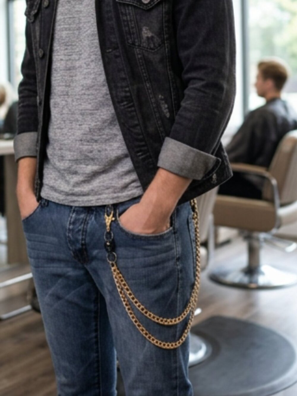 NEW Men Gold Metal Wallet Jeans Chains KeyChain Biker 2 Strands Pewter Skulls